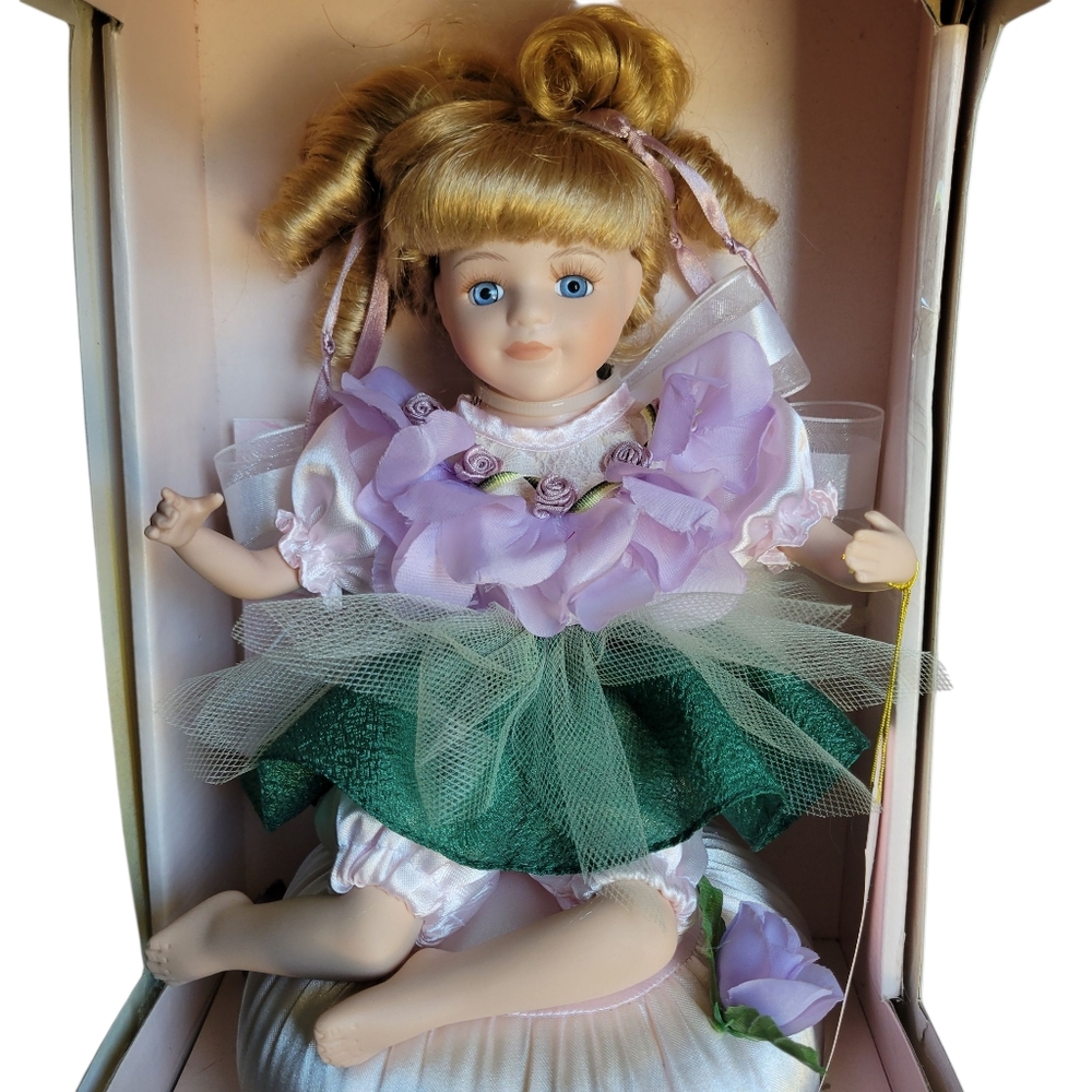 "Violet" Porcelain Doll with Green and Purple Dress
